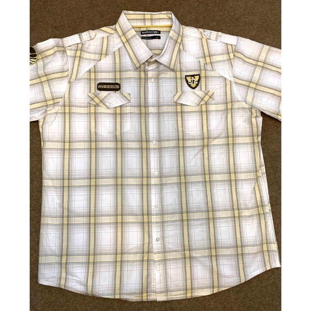 Ecko Unltd Shirt Mens 3XL Short Sleeve Plaid Patch Embellished Cotton Button Up